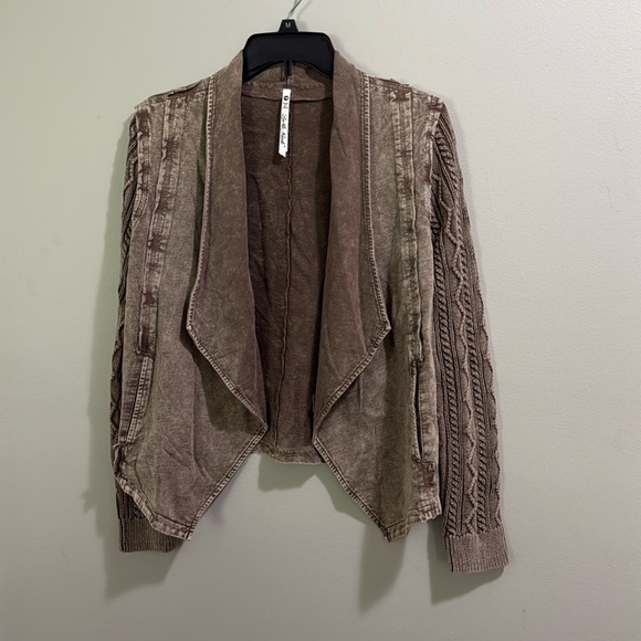 Leo and Nicole Open Front Acid Wash Brown Cardigan Sweater - Picture 1 of 7